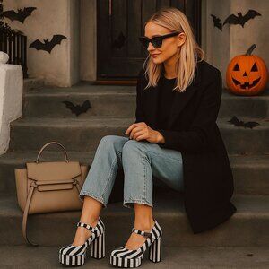 Strange Cvlt Widow Mary Jane Platform Heels Black & White Stripe Gothic Shoes 8M